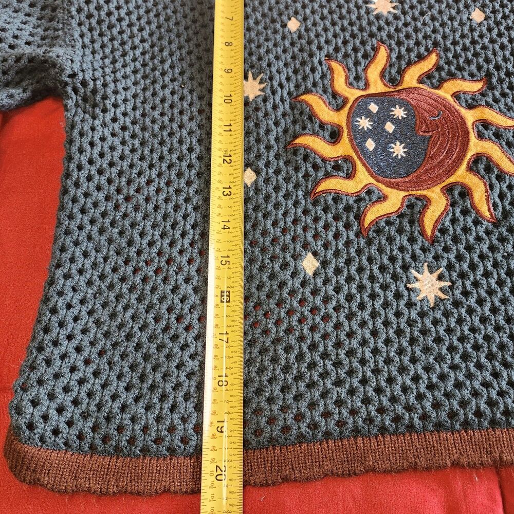 Earthbound Trading Co Celestial Open Knit Sweater Green XL Hippie Boho Cropped - Picture 7 of 9